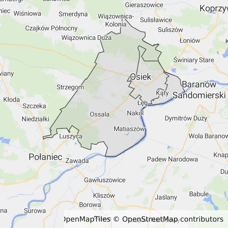 Mapa z zaznaczonym Osiekiem
