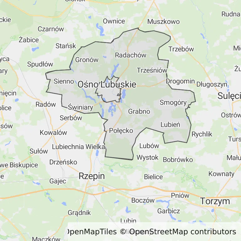 Mapa z zaznaczonym Ośnie Lubuskim