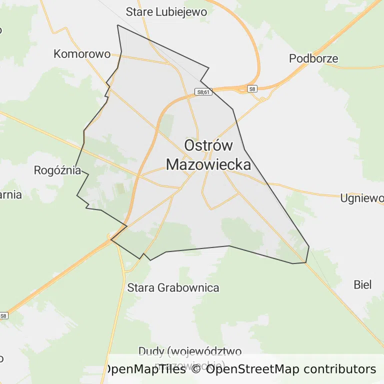 Mapa z zaznaczoną Ostrowi Mazowieckiej