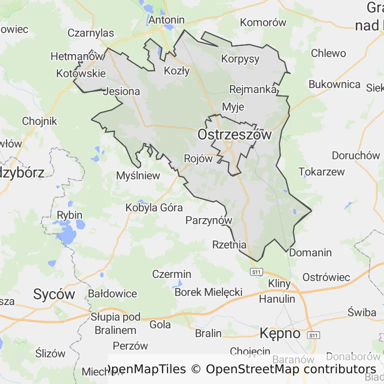 Mapa z zaznaczonym Ostrzeszowem