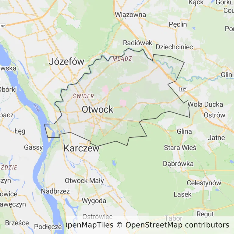 Mapa z zaznaczonym Otwockiem