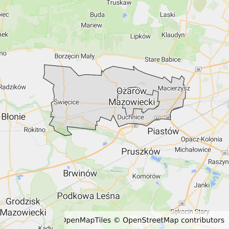 Mapa z zaznaczonym Ożarowie Mazowieckim