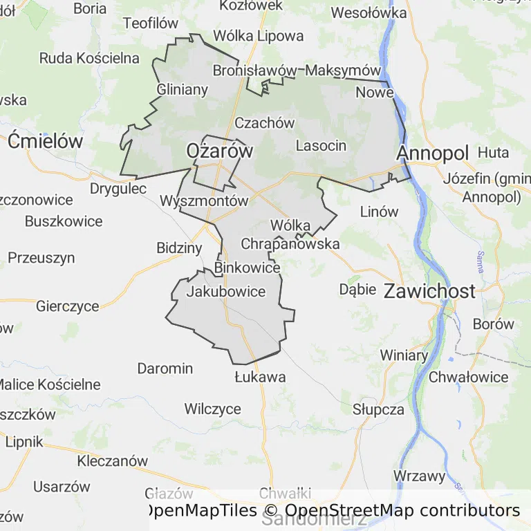 Mapa z zaznaczonym Ożarowem