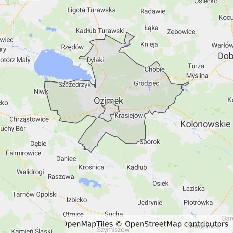 Mapa z zaznaczonym Ozimkiem