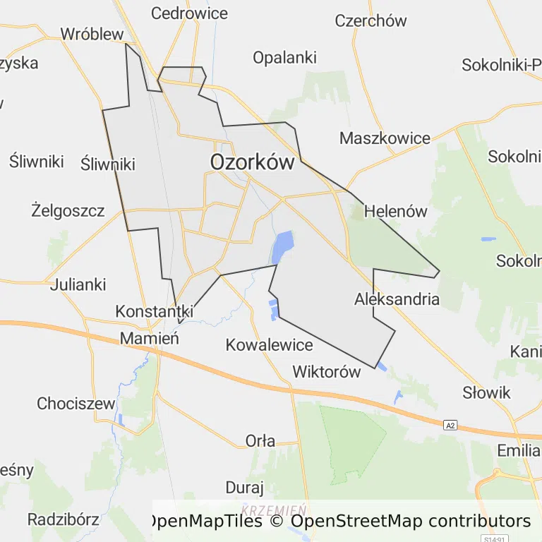 Mapa z zaznaczonym Ozorkowem