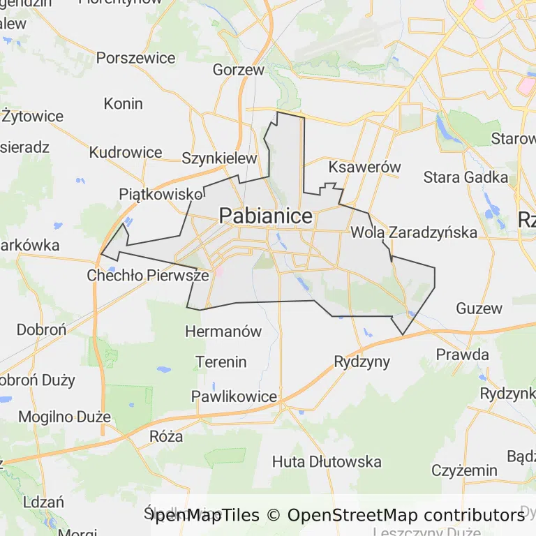 Mapa z zaznaczonymi Pabianicami