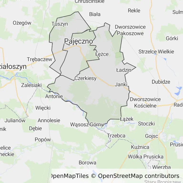 Mapa z zaznaczonym Pajęcznem
