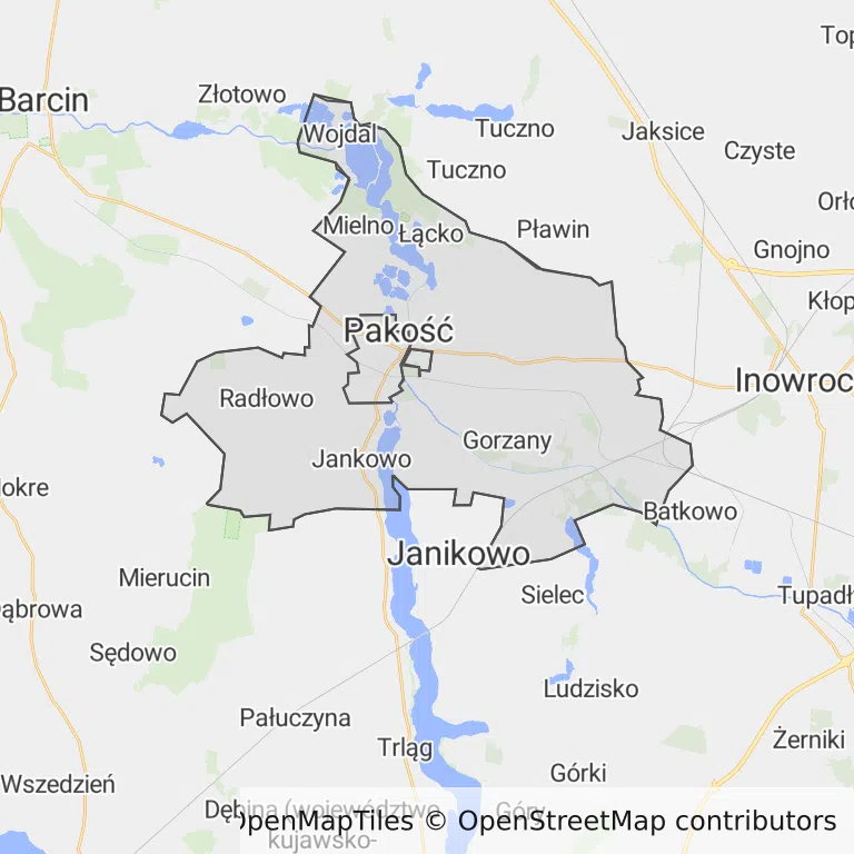 Mapa z zaznaczonym Pakości