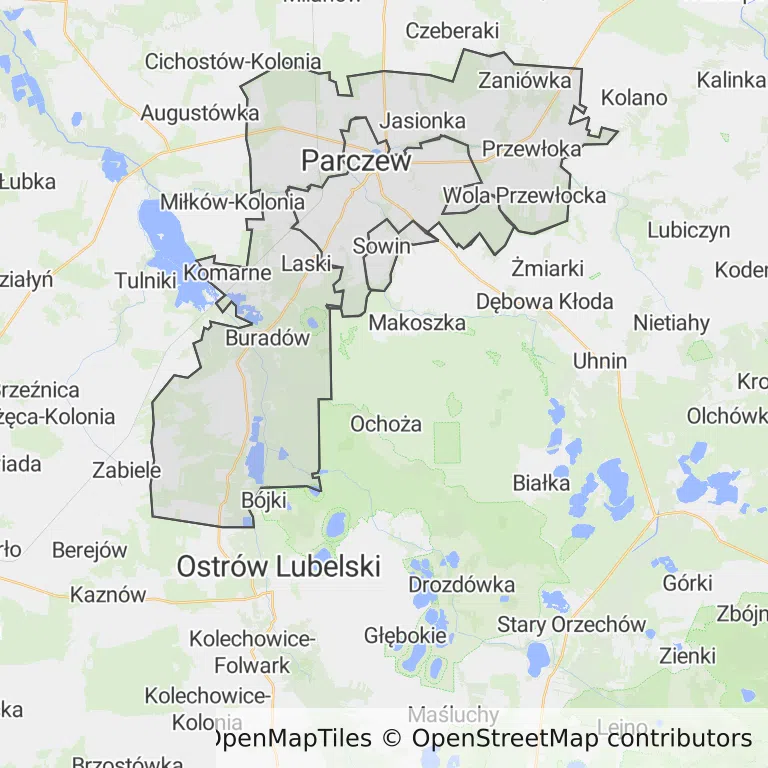 Mapa z zaznaczonym Parczewem