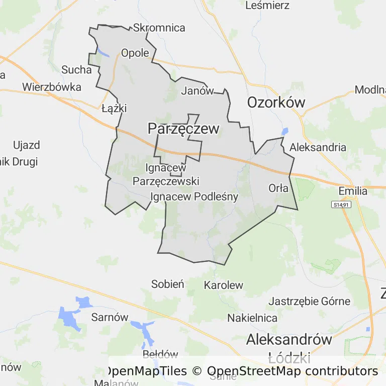 Mapa z zaznaczonym Parzęczewem