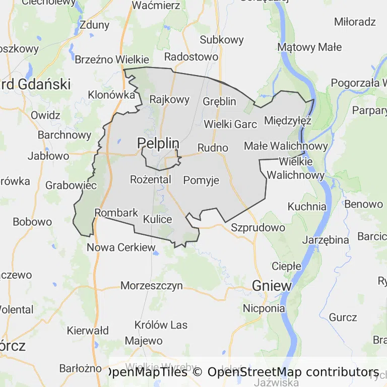 Mapa z zaznaczonym Pelplinem