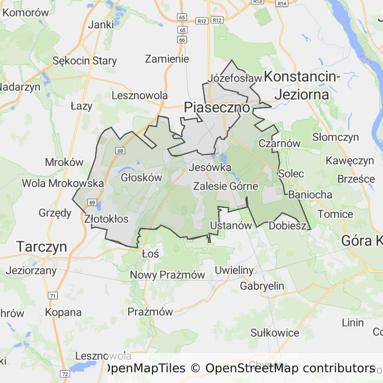 Mapa z zaznaczonym Piasecznem