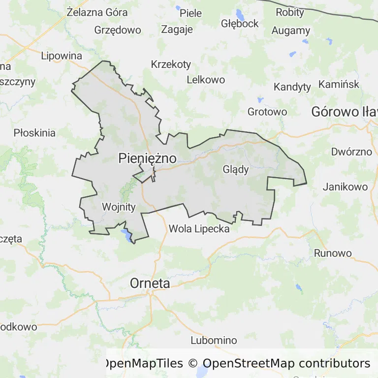 Mapa z zaznaczonym Pieniężnem