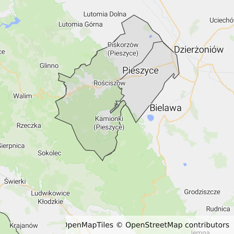Mapa z zaznaczonymi Pieszycami
