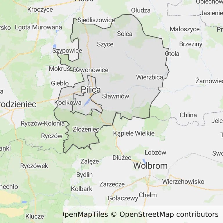 Mapa z zaznaczonym Pilicy