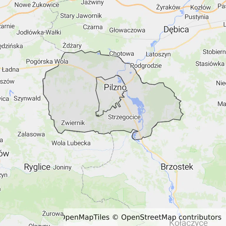 Mapa z zaznaczonym Pilźnem