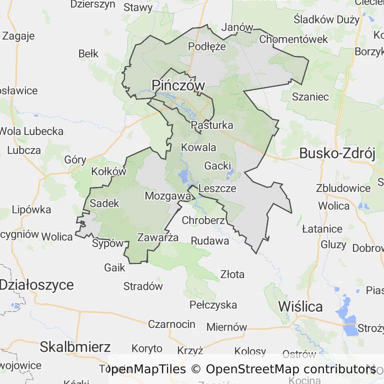 Mapa z zaznaczonym Pińczowem