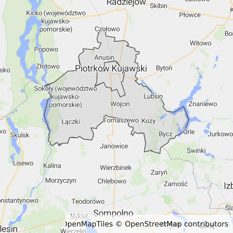 Mapa z zaznaczonym Piotrkowie Kujawskim