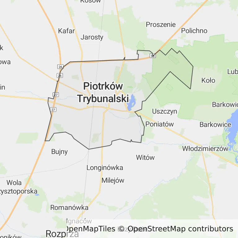 Mapa z zaznaczonym Piotrkowie Trybunalskim