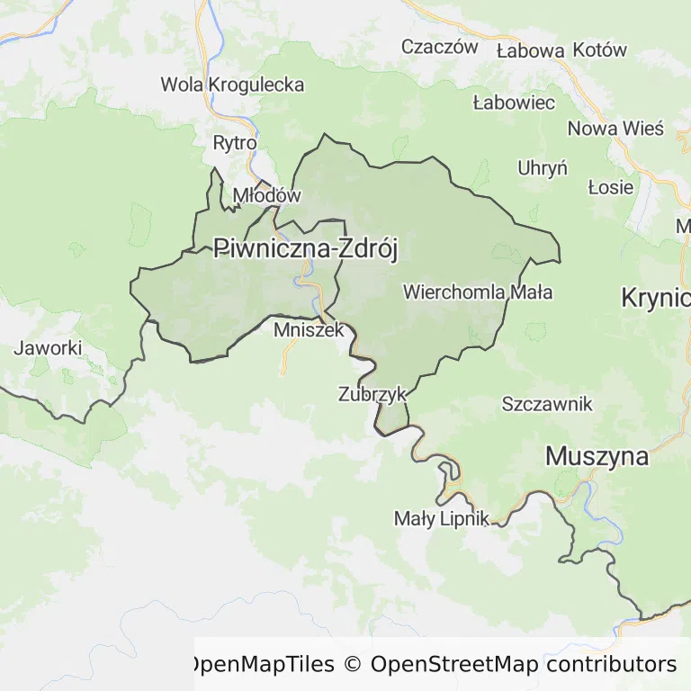 Mapa z zaznaczonym Piwnicznej-Zdroju