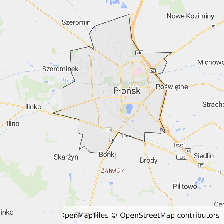 Mapa z zaznaczonym Płońskiem