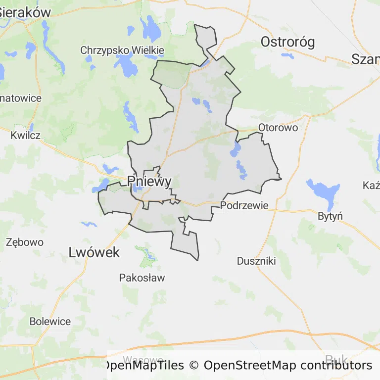 Mapa z zaznaczonym Pniewami