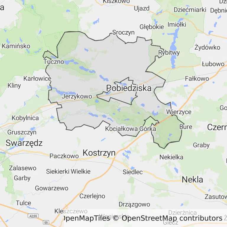 Mapa z zaznaczoną Pobiedziskami