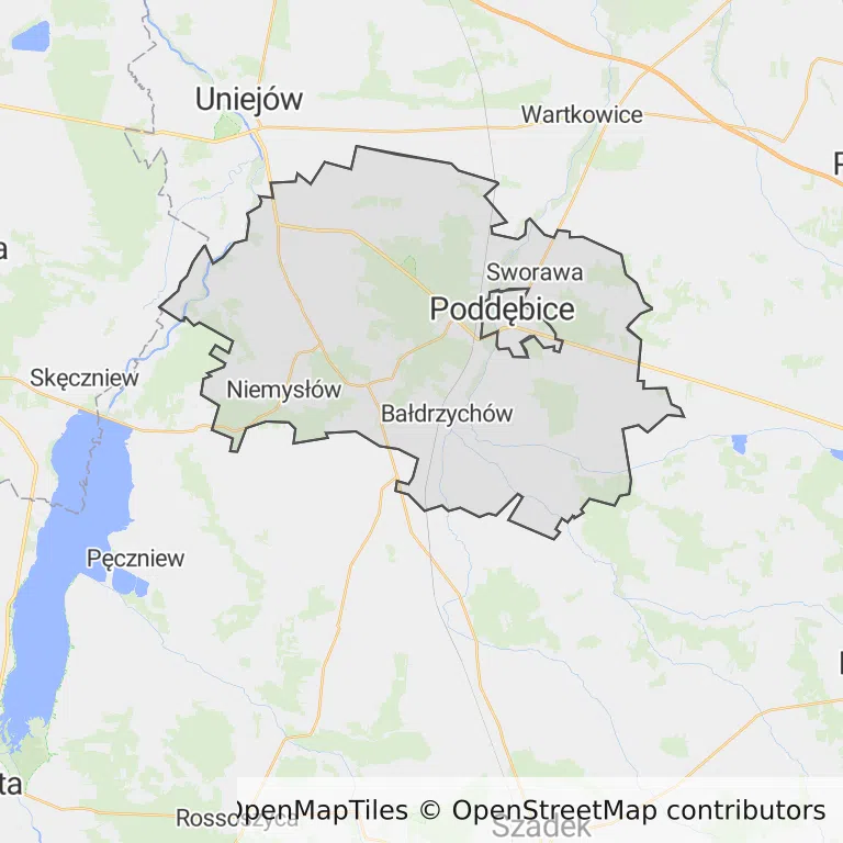 Mapa z zaznaczonymi Poddębicami
