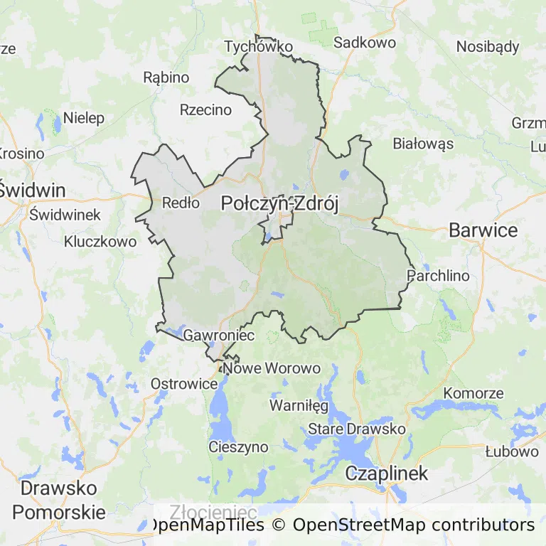 Mapa z zaznaczonym Połczynie-Zdroju