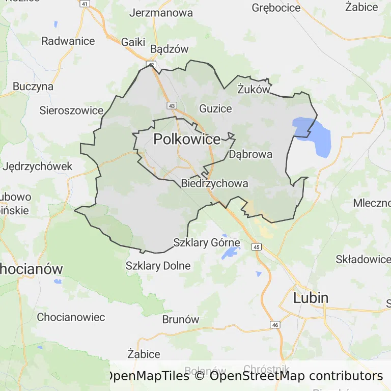 Mapa z zaznaczonymi Polkowicami