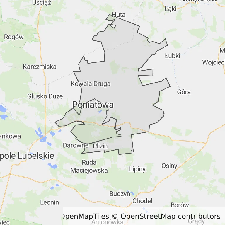 Mapa z zaznaczoną Poniatowej