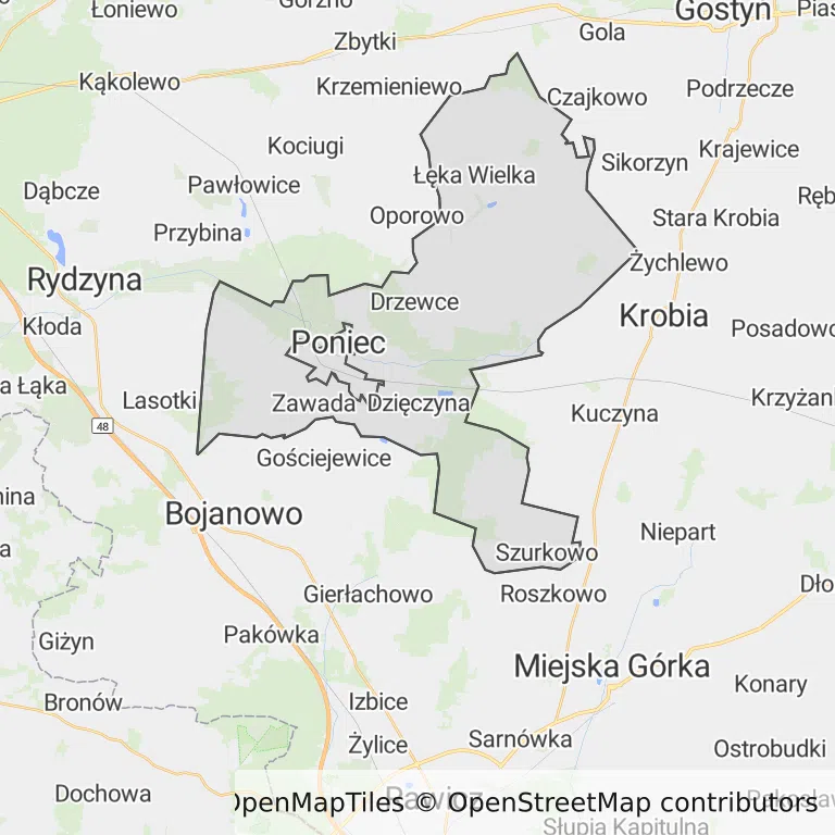 Mapa z zaznaczonym Poniecu
