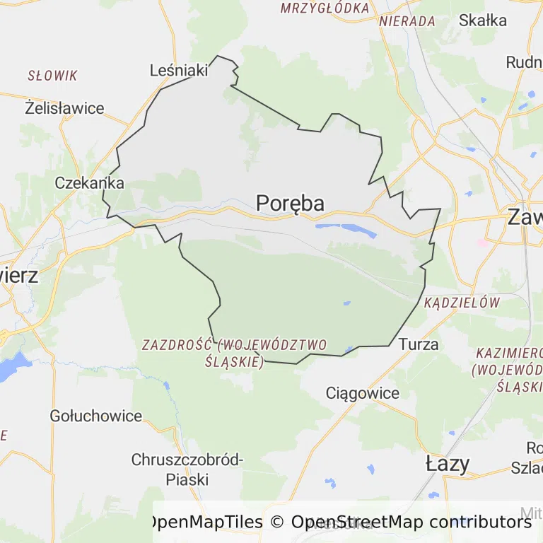 Mapa z zaznaczoną Porębem