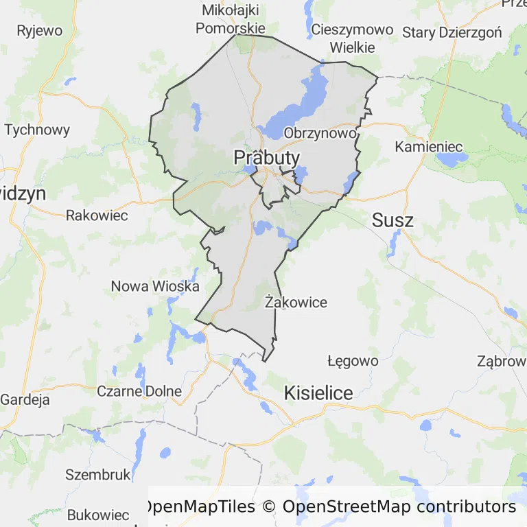 Mapa z zaznaczonym Prabutami