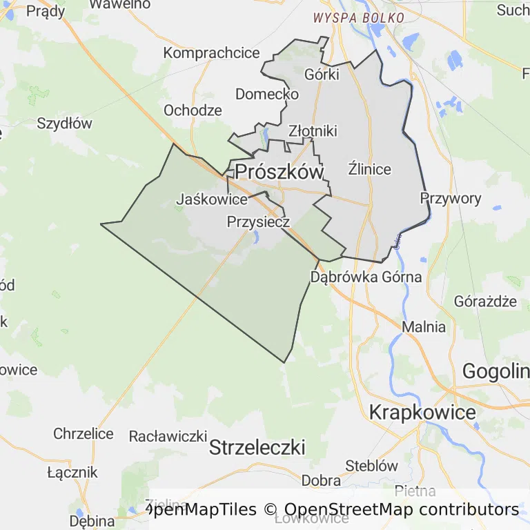 Mapa z zaznaczonym Prószkowem