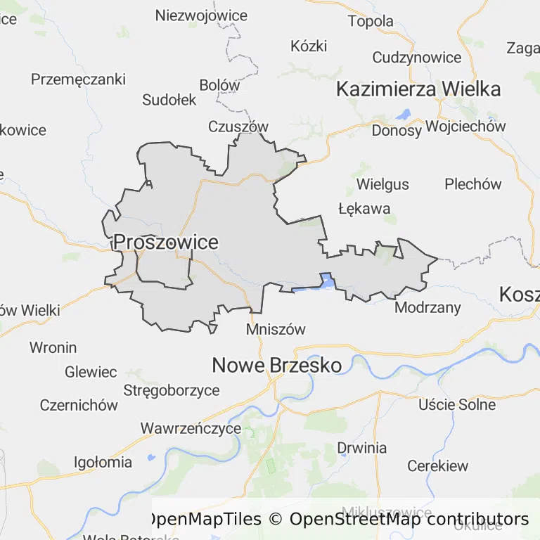 Mapa z zaznaczonymi Proszowicami