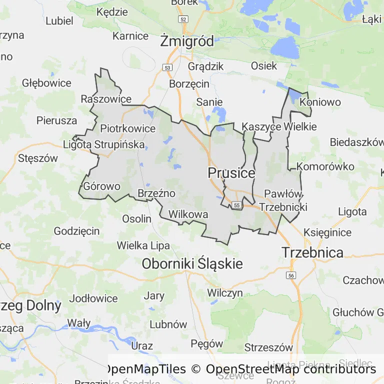 Mapa z zaznaczonymi Prusicami