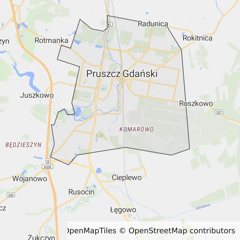 Mapa z zaznaczonym Pruszczu Gdańskim