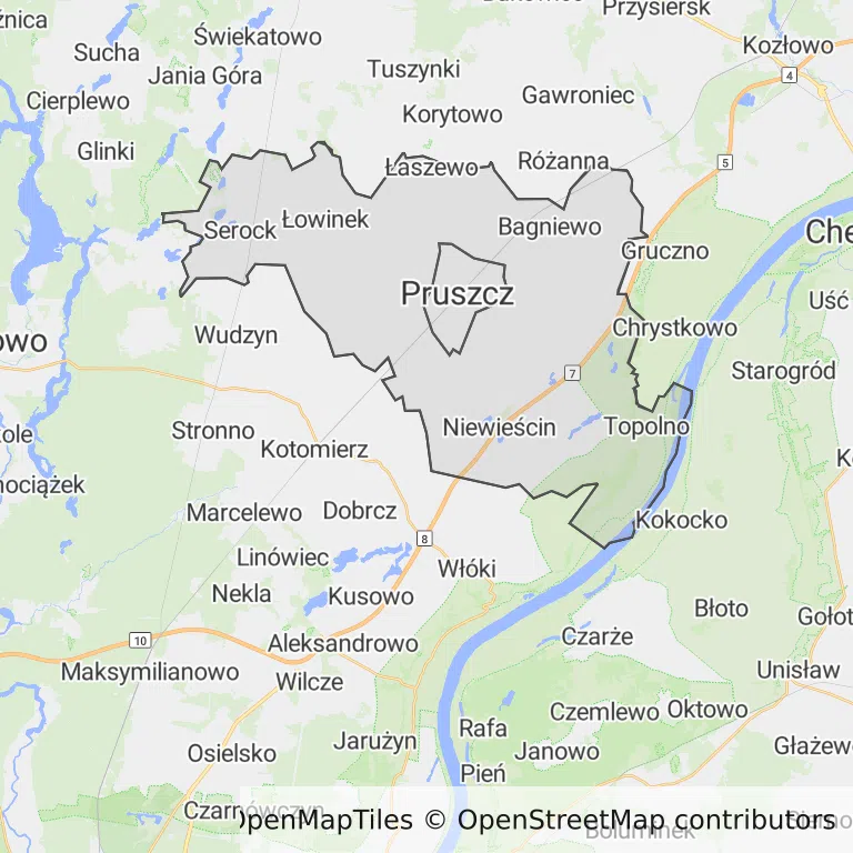 Mapa z zaznaczonym Pruszczem