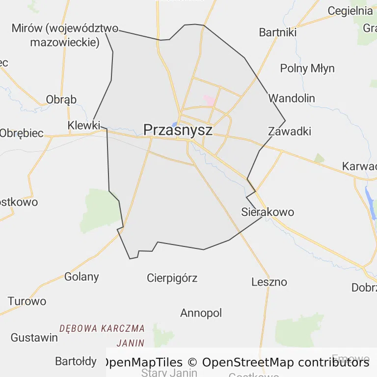 Mapa z zaznaczonym Przasnyszem