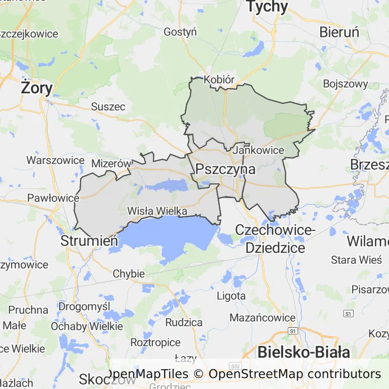 Mapa z zaznaczoną Pszczynem