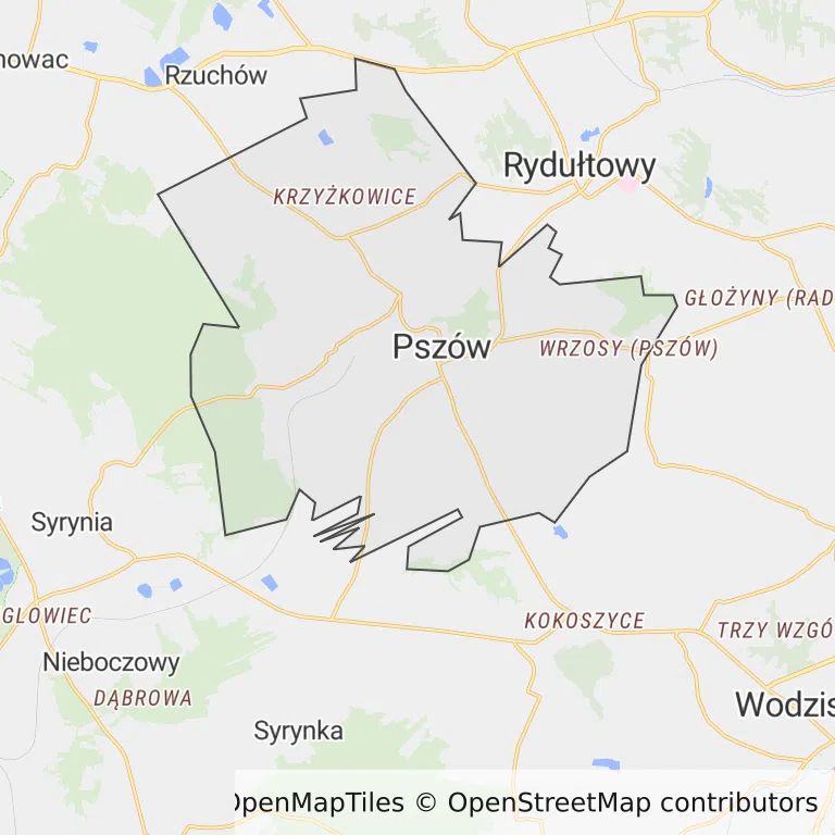 Mapa z zaznaczonym Pszowem