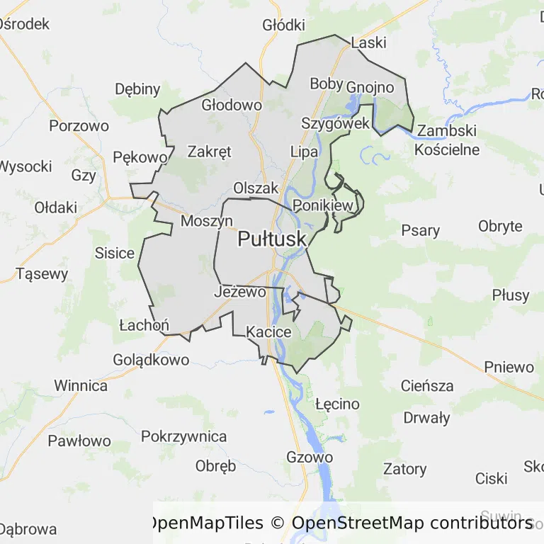 Mapa z zaznaczonym Pułtuskiem