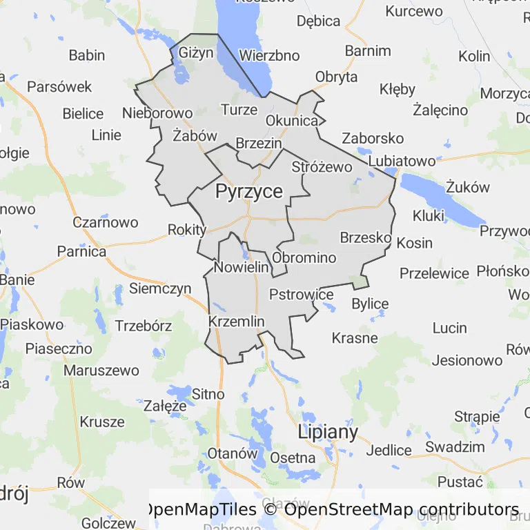 Mapa z zaznaczonymi Pyrzycami