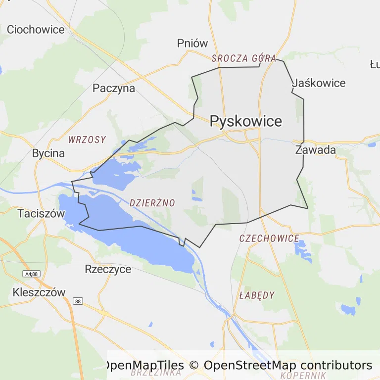 Mapa z zaznaczonymi Pyskowicami