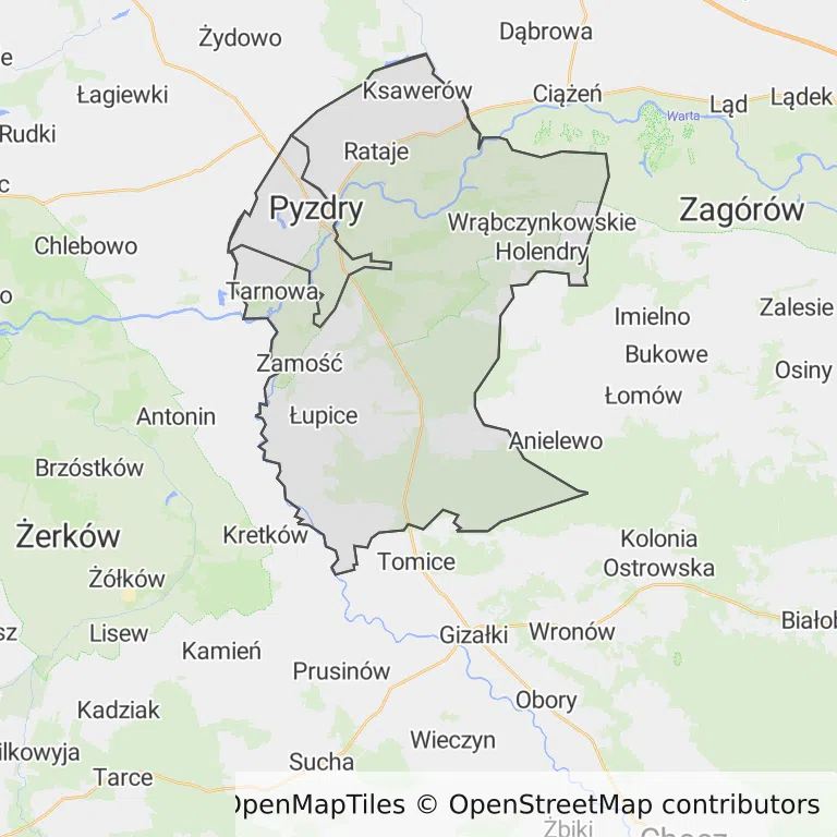 Mapa z zaznaczonym Pyzdrami