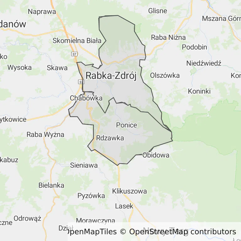 Mapa z zaznaczonym Rabce-Zdroju