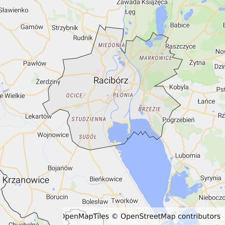 Mapa z zaznaczonym Raciborzem