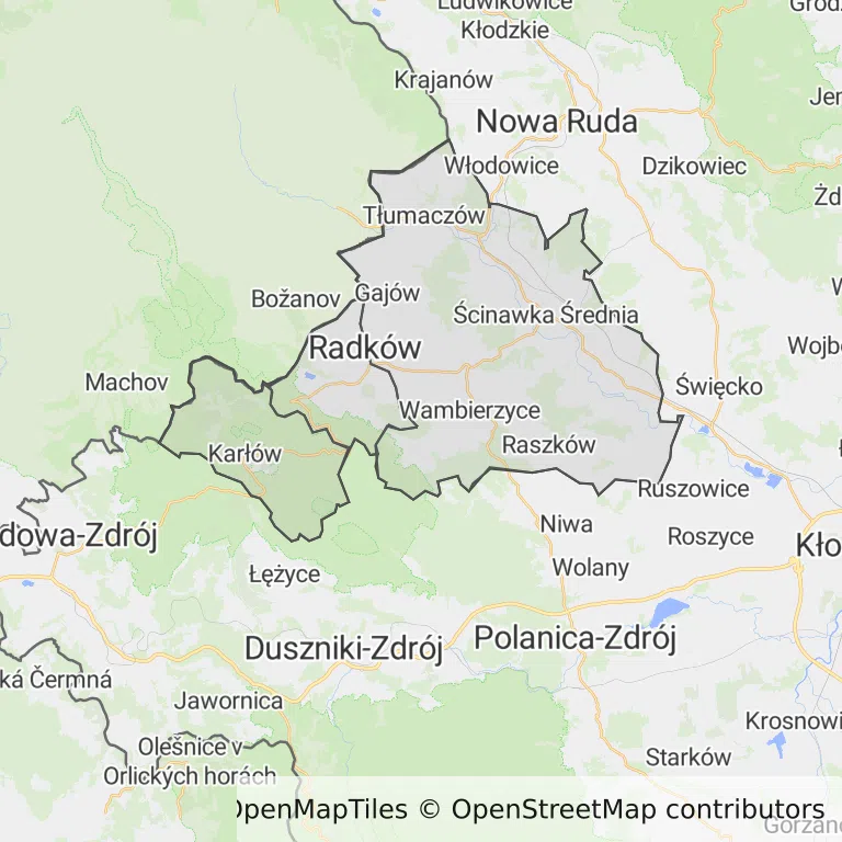 Mapa z zaznaczonym Radkowem