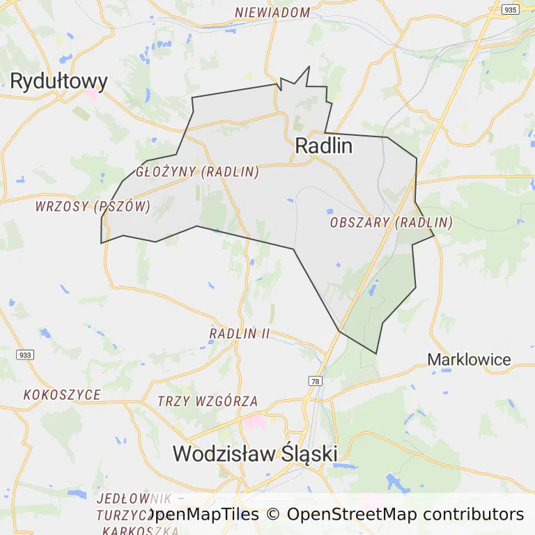 Mapa z zaznaczonym Radlinem